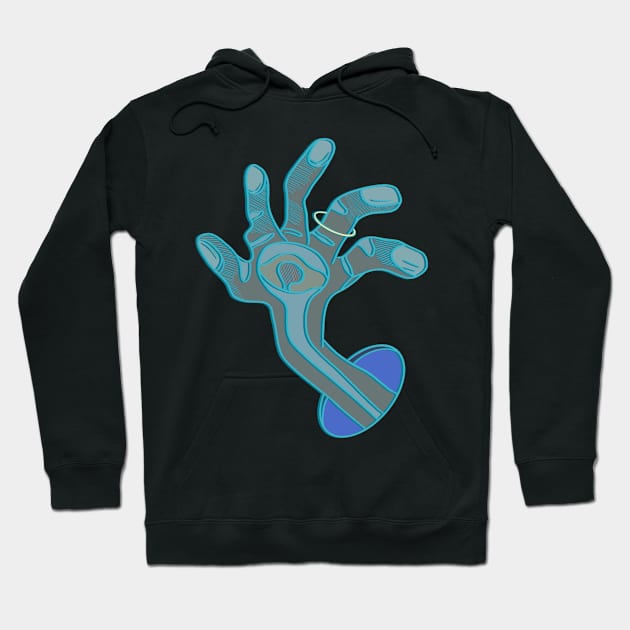 Weird abstract hand drawing coming out of a blue hole in light blue and brown colors Hoodie by DaveDanchuk